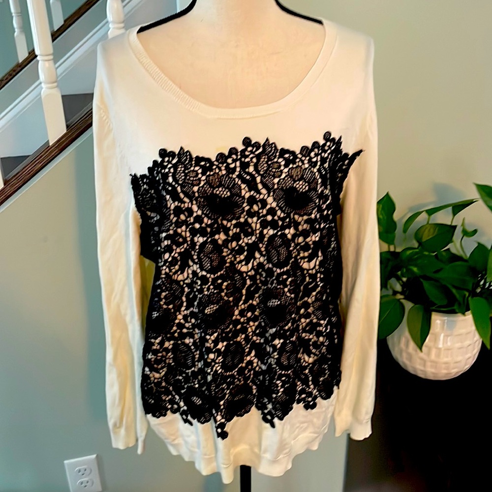 Charter Club White and Black Lace Overlay Top